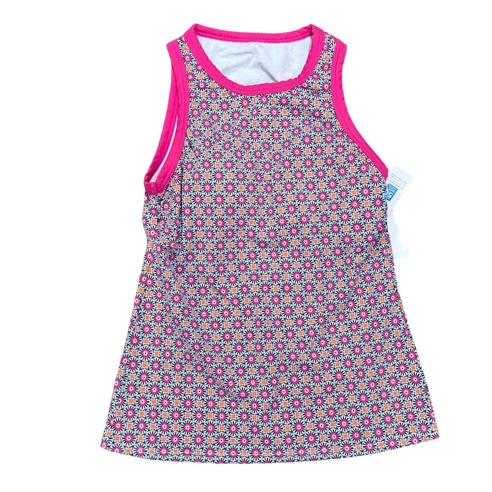 Lands End Women XS 2-4 Swim Tankini Top UPF 50 Geometric Floral Pink Orange Navy